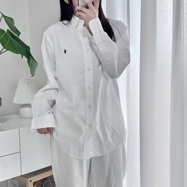 [BUNJANG] Polo Ralph Lauren Yarmouth White Navy Pony Embroidery Cotton Dress Shirt / 폴로 화이트 / 네이비포니 셔츠 [ 38-80 ]