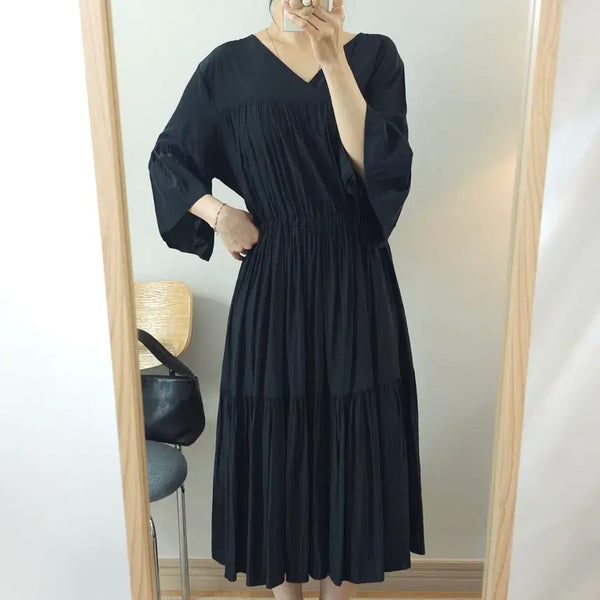 [BUNJANG] Women's V-Neck Short Sleeve Long Dress Black / (F)여성 브이넥 반팔 롱 원피스 블랙 W4321