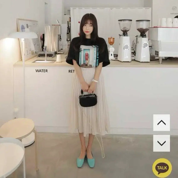 [BUNJANG] Lomistory Plus Size Pleated Chiffon Skirt - Black / 로미스토리 빅사이즈 플리츠 쉬폰스커트 -블랙