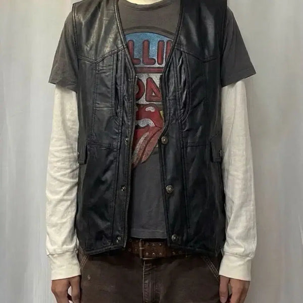 [BUNJANG] Volcano 80s Vintage Genuine Leather Biker Punk Vest / 미국 볼케이노 80s 빈티지 소가죽 바이커 펑크 조끼