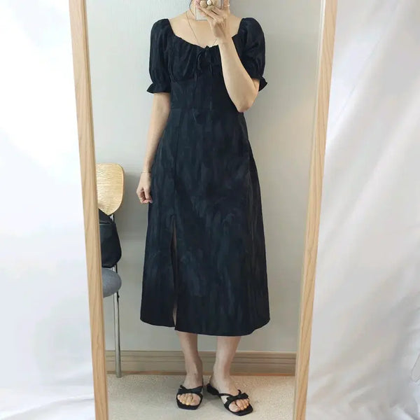 [BUNJANG] Women's Puff Short-Sleeve Long Dress Vintage Pattern Black / (F)여성 퍼프 반팔 롱 원피스 빈티지 패턴 블랙