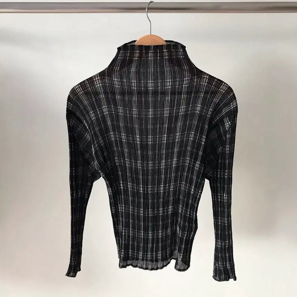 [BUNJANG] Issey Miyake Black Check Pleats Long Sleeve Top / 이세이미야케 블랙 체크 플리츠 긴팔