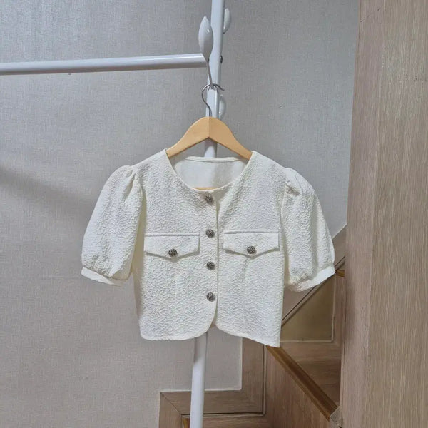 [BUNJANG] White Puff Short Sleeve Cropped Jacket / 화이트 퍼프 반팔 크롭 자켓