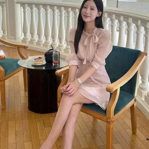 [BUNJANG] Cherryme See-Through Ribbon Tie Chiffon Mini Midi Dress / 체리미 시스루 리본 타이 쉬폰 미니 미디 원피스 | 졸업룩 하객룩