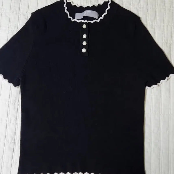 [BUNJANG] 8seconds Pearl Embellished Ribbed Crop Short Sleeve Knit Top S / 에잇세컨즈  진주장식 골지  크롭 반팔 니트 S사이즈