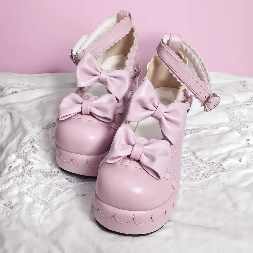 [BUNJANG] Angelic Imprint Pink Platform Ribbon Lolita Shoes / Angelic Imprint 로리타 히메갸루 리본 핑크 구두