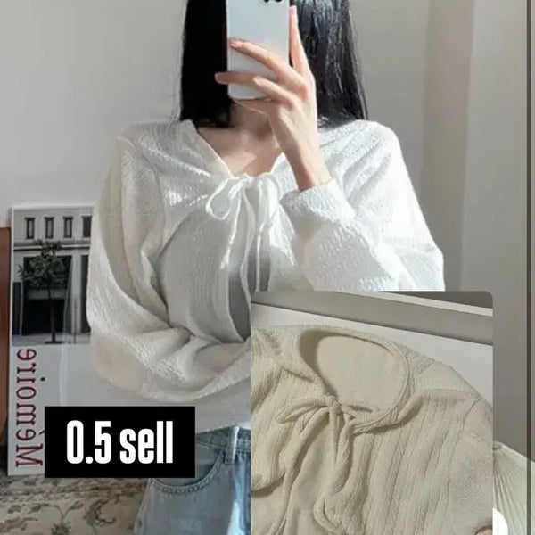 [BUNJANG] White Ribbon Crop Cardigan / 화이트 리본 크롭 가디건 / 살안타템/ 가디건 / 에겐룩 / 여름가디건
