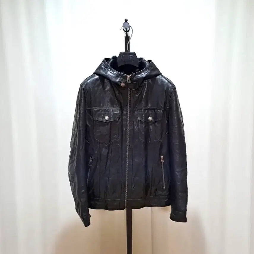[BUNJANG] Leather Hooded Jacket Black / 후드 가죽 자켓 블랙