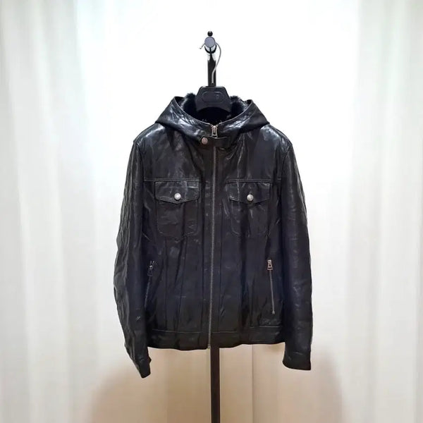 [BUNJANG] Leather Hooded Jacket Black / 후드 가죽 자켓 블랙