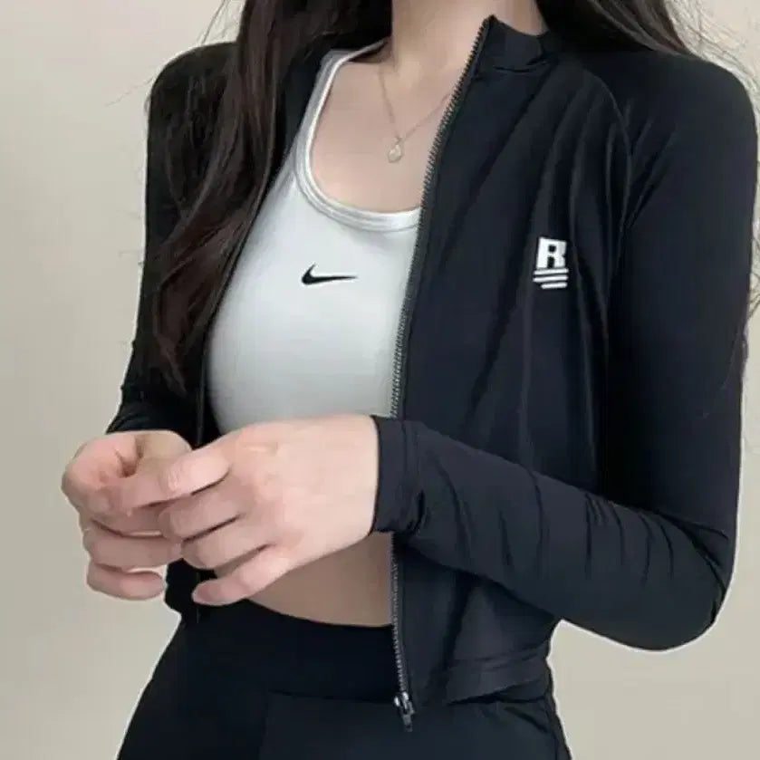 [BUNJANG] Avery Crop Rash Guard Zip-Up Swimsuit / 에이블리 군살커버 집업 래쉬가드 크롭 수영복 free