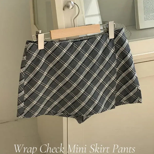 [BUNJANG] K-Club Choose Check Wrap Mini Skirt Pants Grey M / 케이클럽 츄즈 체크 랩 미니 스커트 팬츠 그레이 M