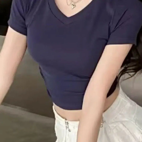 [BUNJANG] Navy V-Neck Shirring Cropped Short Sleeve T-Shirt (M) / [새상품] 네이비 브이넥 셔링 크롭 반팔티 M