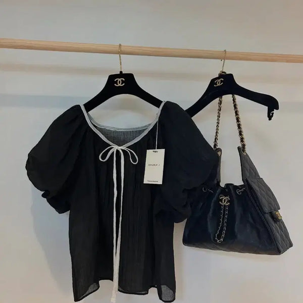 [BUNJANG] Colorblock Ribbon Blouse / 배색 리본 블라우스 새상품