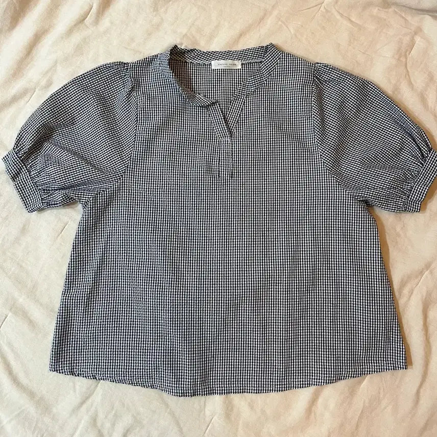[BUNJANG] Vintage Gingham Linen Puff Sleeve Shirt / 빈티지 고방 체크무늬 여름 린넨퍼프소매셔츠