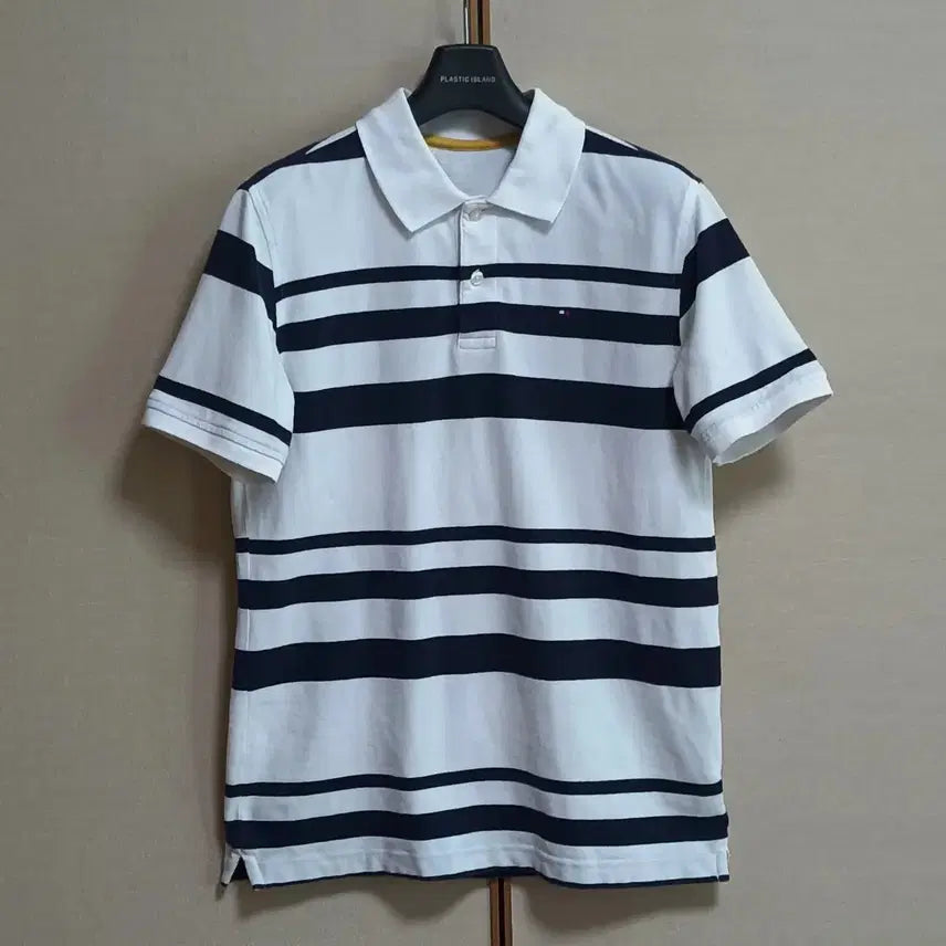 [BUNJANG] Tommy Hilfiger Striped Short-Sleeve Polo Shirt Navy/White / 타미힐피거 반팔 카라티 스트라이프 네이비/화이트