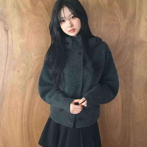[BUNJANG] Shift Eight Comfy High Neck Button Hood Knit Long Sleeve Cardigan / 시프트에잇 콤피 하이넥 단추 후드 니트 긴팔 가디건