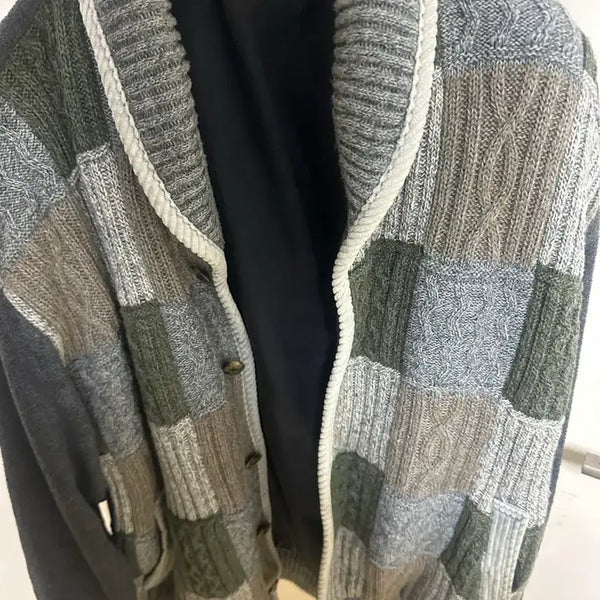 [BUNJANG] Vintage Patchwork Cable Knit Cardigan / 빈티지 케이블 숄카라 니트 가디건 패치워크 울감성