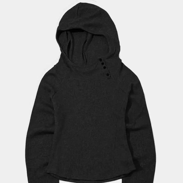 [BUNJANG] Place Studio Embroidered Ribbed Semi-Crop Side Button Hoodie Long Slim Long Sleeve / 플레이스 스튜디오 자수 골지 세미크롭 사이드 버튼 후드 롱 슬림 긴팔