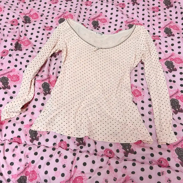 [BUNJANG] Baby Pink Polka Dot 7/10 Sleeve Top / 베이비핑크 도트 딱붙 7부탑 히메갸루 히메카지 빈티지 일브
