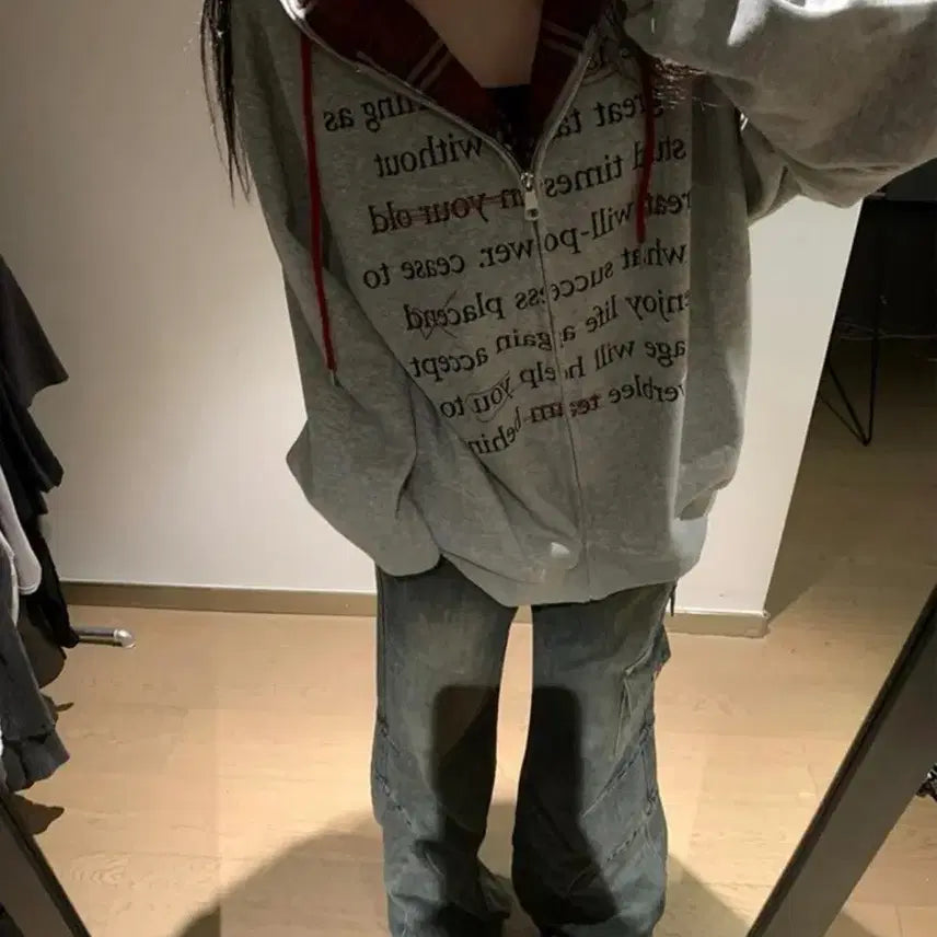 [BUNJANG] Ablie Red Check Lettering Hooded Zip-Up / 에이블리 레드 체크 레터링 후드 집업