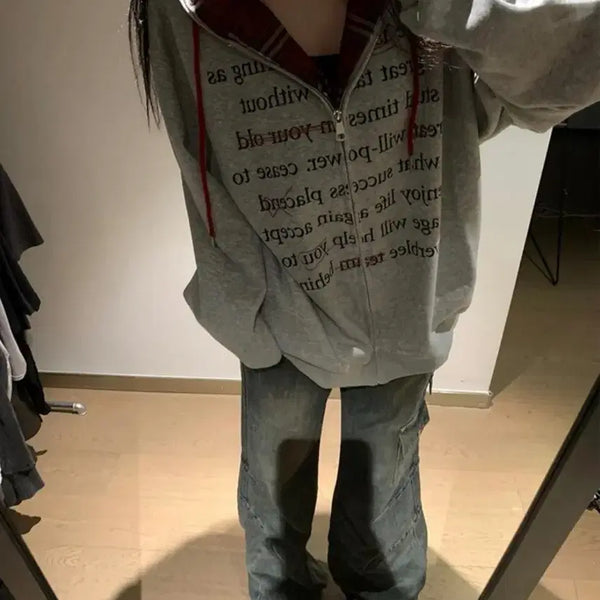 [BUNJANG] Ablie Red Check Lettering Hooded Zip-Up / 에이블리 레드 체크 레터링 후드 집업
