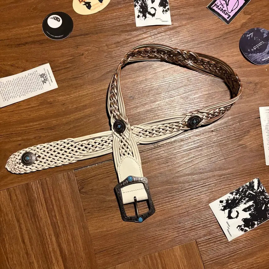 [BUNJANG] Western Mood Leather Weaving Belt with Turquoise / WESTERN MOOD 웨스턴 무드 터키석 레더 위빙 벨트