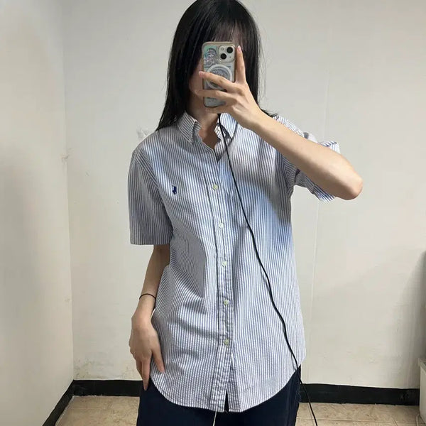 [BUNJANG] Polo Ralph Lauren Blue Stripe Seersucker Short Sleeve Shirt / 폴로 블루 스트라이프 시어서커 셔츠