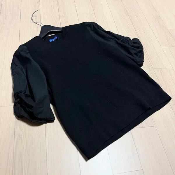 [BUNJANG] Keith 100% Wool Black Color Block Short Sleeve Knit T-Shirt / 키이스keith 울100 바스락소매 반팔 니트 블랙 배색티셔츠셔링퍼프5부