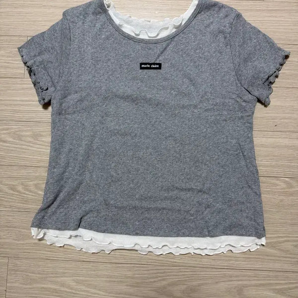 [BUNJANG] Marie Claire Punching Layered Short Sleeve T-Shirt - Grey / 마리끌레르 펀칭 레이어드 반팔 티셔츠 그레이