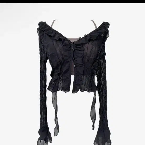 [BUNJANG] Ablhy See-through Frill Black Cardigan / 에이블리 시스루 프릴 블랙 가디건