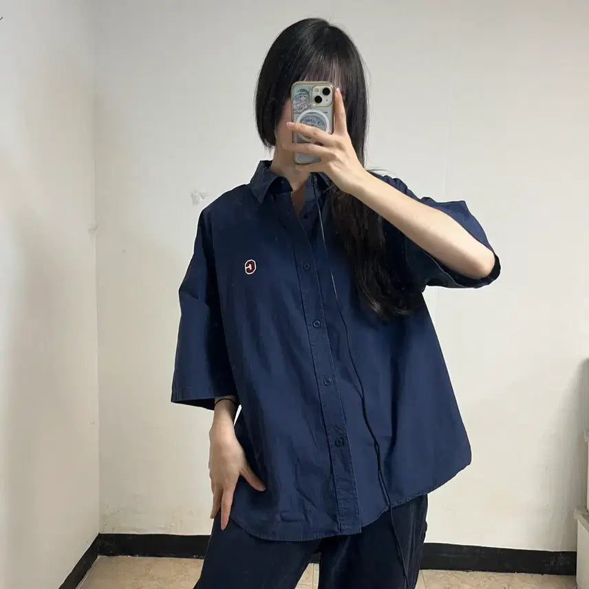 [BUNJANG] Covernat Navy Short Sleeve Shirt L Size / 커버낫 네이비 반팔 셔츠