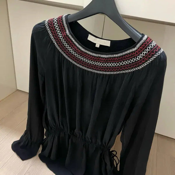 [BUNJANG] Vanessa Bruno 100% Silk Ethnic Embroidered String Shirring Blouse Black Flare / 바네사브루노 실크100% 에스닉자수 스트링 셔링 블라우스 블랙 플레어