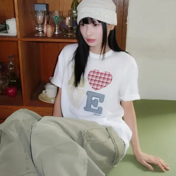 [BUNJANG] Memewhere Wardrobe Hello World Patchwork LOVE T-Shirt White / [새상품] 밈더워드로브 헬로 월드 패치워크 LOVE 티셔츠_화이트