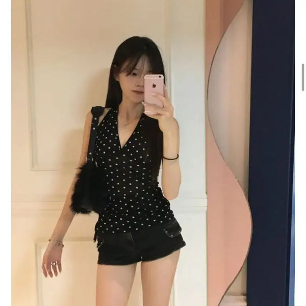 [BUNJANG] Dot See-through Halter Neck Sleeveless Top / 도트 시스루 홀터넥 나시 민소매