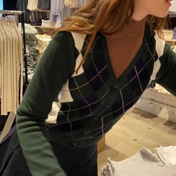 [BUNJANG] Brandy Melville Green Argyle Knit Cardigan / 브랜디멜빌 그린 아가일 니트