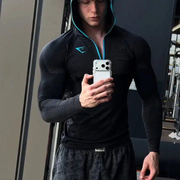 [BUNJANG] Gymshark Onyx V5 Blue Logo Hoodie (Medium, Onyx Grey) / [새상품] M 짐샤크 오닉스 블루 후드 후디