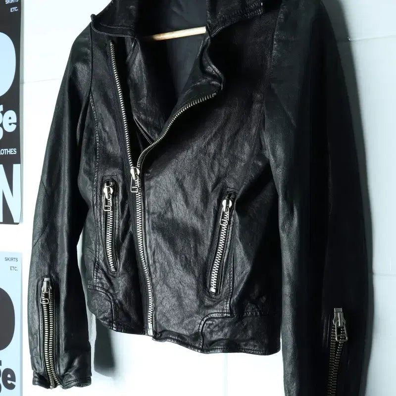 [BUNJANG] W(F) Brand Vintage Zipper Windbreaker Jacket Real Leather Black / W(F) 브랜드빈티지 집업 바람막이 점퍼자켓 리얼레더 블랙-H34900