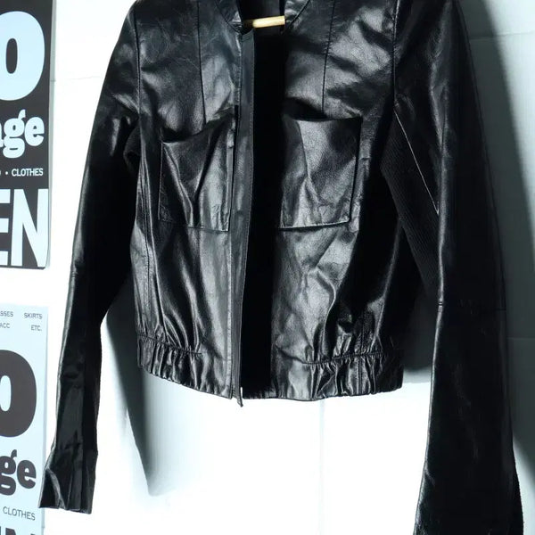 [BUNJANG] W(M) Brand Vintage Zip-Up Windbreaker Jacket Real Leather Black / W(M) 브랜드빈티지 집업 바람막이 점퍼자켓 리얼레더 블랙-H34907
