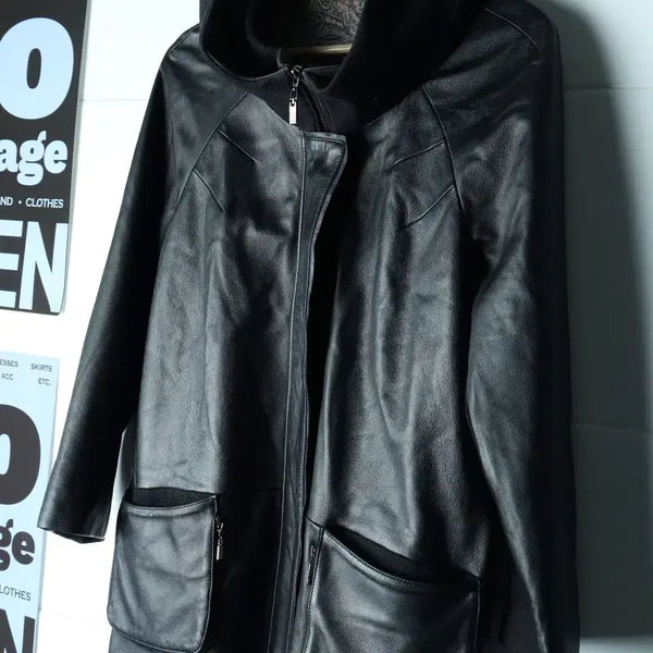[BUNJANG] W(F) Brand Vintage Zip-Up Windbreaker Jacket Real Leather Black / W(F) 브랜드빈티지 집업 바람막이 점퍼자켓 리얼레더 블랙-H34908