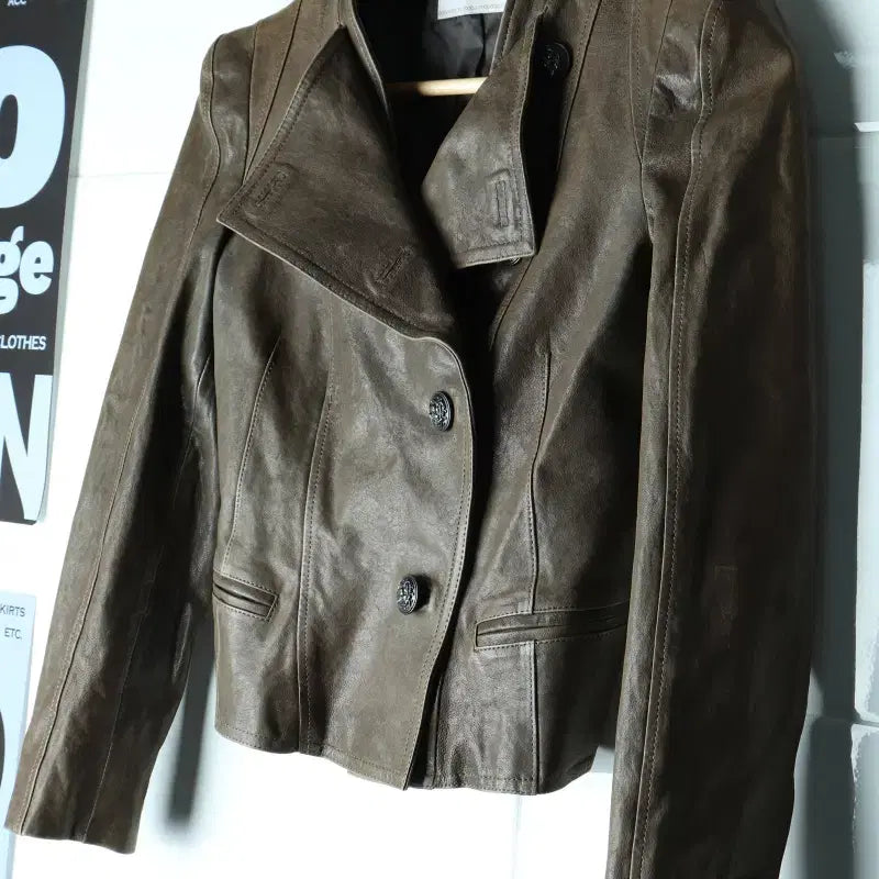 [BUNJANG] H-Collection Real Leather Cropped Zip-Up Jumper Jacket / W(S) 마인 집업 바람막이 점퍼자켓 리얼레더 크롭 한섬-H34914