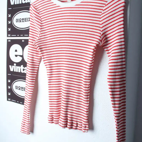 [BUNJANG] H&M Slim Fit Striped Long Sleeve T-Shirt Red / W(M) 에이치앤엠 긴팔티셔츠 슬림핏 스트라이프 레드-H34889