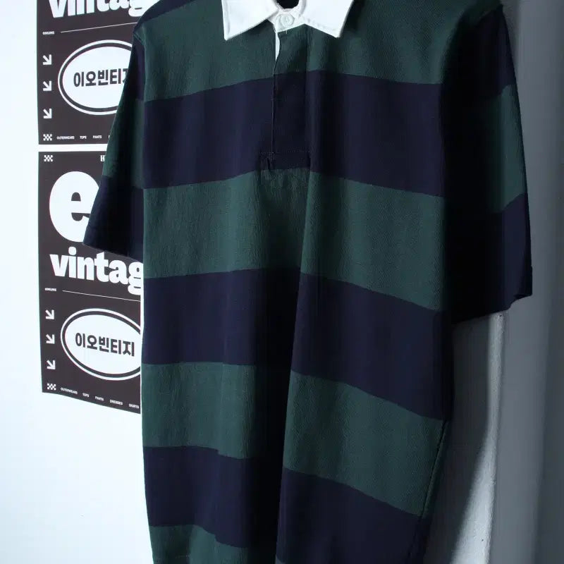 [BUNJANG] TOPTEN Striped Rugby T-Shirt Green (L-XL) / (L-XL) 탑텐 반팔 카라 티셔츠 스트라이프 럭비 그린-H34958