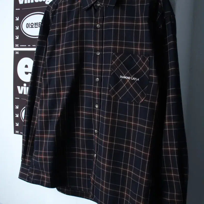 [BUNJANG] Diamond Leila Check Shirt Navy / (M-XL) 다이아몬드 레이라 셔츠 남방 체크 네이비 아메카지-H3497