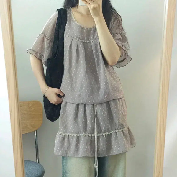 [BUNJANG] Japanese Vintage Polka Dot Blouse with Shirring and Frills / 일본 빈티지 반팔 도트 셔링 프릴 블라우스
