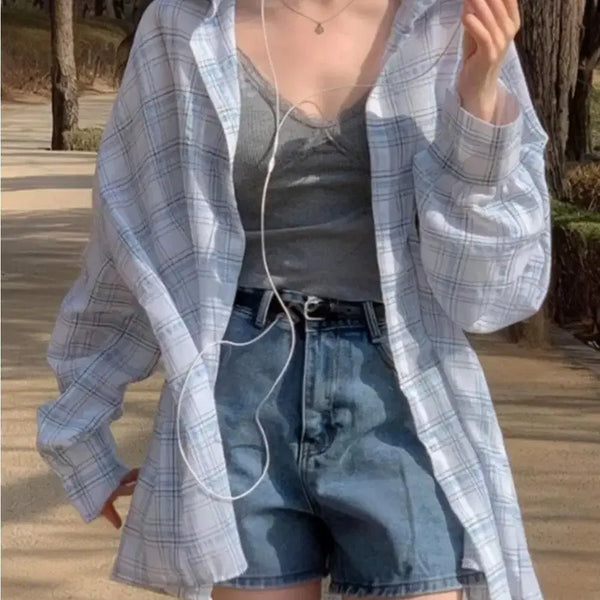 [BUNJANG] Women's Linen Check Loose Fit Oversized Shirt / 여성 여름 시원한 린넨 체크 데일리룩 린넨 루즈핏 오버핏 셔츠 남방 옷