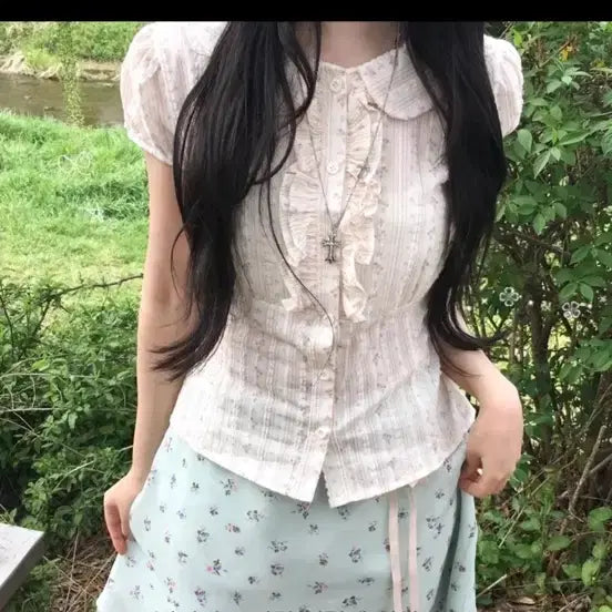 [BUNJANG] Vintage Mori Girl Ribbon Short Sleeve Blouse / 허리 리본 반팔 블라우스 빈티지 모리걸 프릴 에이블리 지그재그
