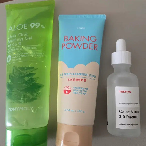 [BUNJANG] Manyo Factory Galac Niacin 2.0 Essence, Etude Baking Powder Cleansing Foam, and Tonymoly Aloe Soothing Gel Set / 마녀공장에센스 클렌징폼 알로에젤 3종일괄