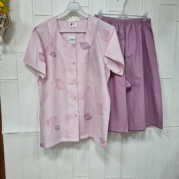 [BUNJANG] B.Y.C Deonia Women's Pajama Set - Pink Leaf Pattern Top & Purple Shorts (Size L) / 택상품 B.Y.C    Deonia 여성 잠옷 세트 95 (L)
