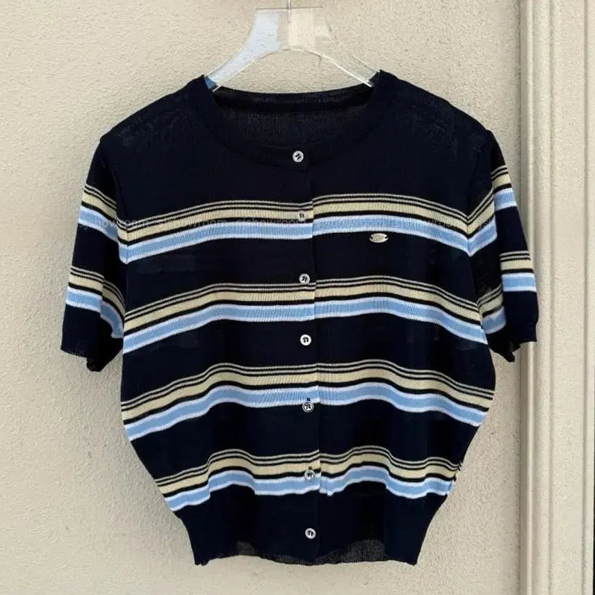[BUNJANG] Women's Summer Striped Knit Short-Sleeve Cardigan / 여성 여름 얇은 가벼운 시원한 단가라 스트라이프 니트 반팔 가디건