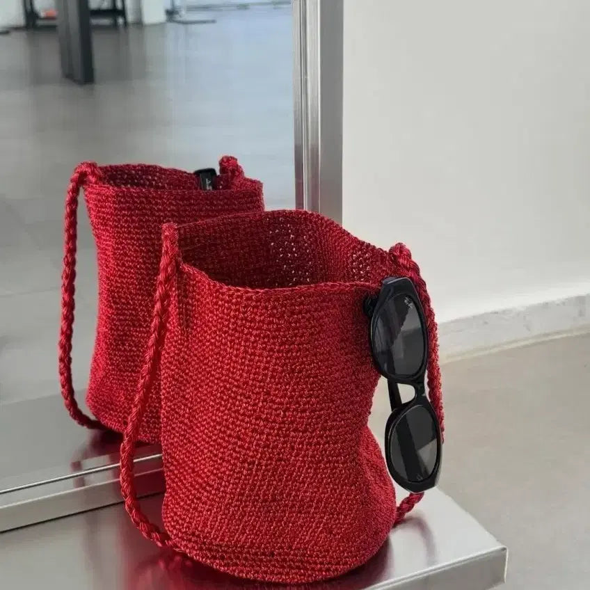 [BUNJANG] Red Knit Net Shoulder Tote Bag / 네트백 메탈 니트 그물 뜨개 숄더 여름 토트 여행 소지품 빨강 레드가방